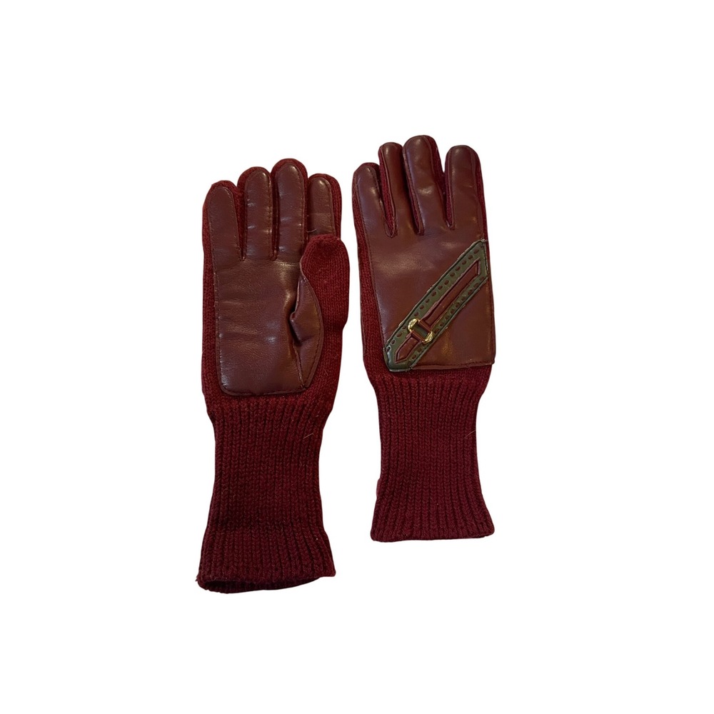 Vintage Womens‎ Burgundy faux Leather Knit Gloves Cozy Winter Fashion Accessory